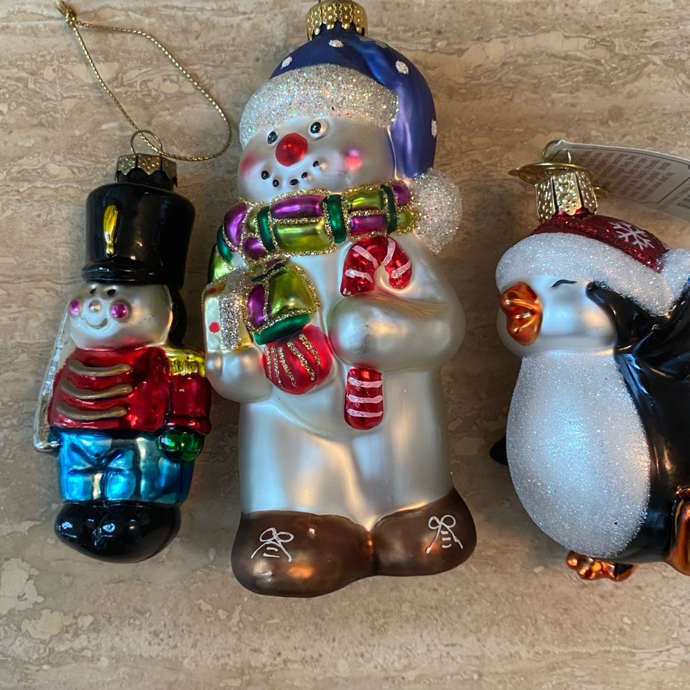 Festive Holiday Ornament Set - Snowman, Nutcracker, and Penguin Hand Blown set